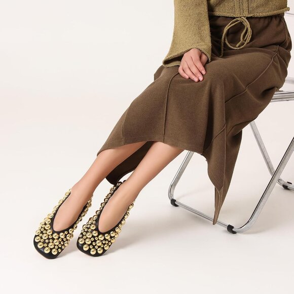 Women's Black Ballet Flats Mesh Gold Pearl Dress Shoes Work Party Everyday - Picture 4 of 7